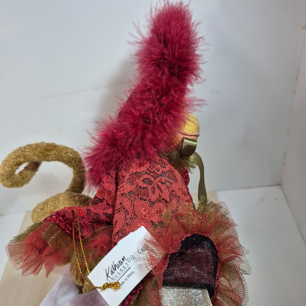 Katherine's Collection Panache Red Monkey Doll Victorian Lace Feather Ornament - Picture 5 of 9